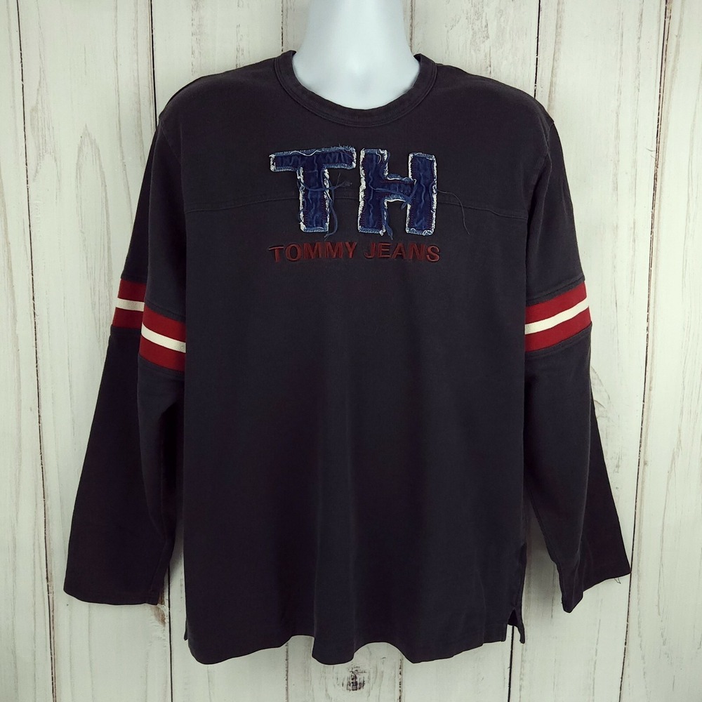 Vintage Tommy Hilfiger Jeans Crewneck Sweatshirt XL Retro 90s Spell Out Black